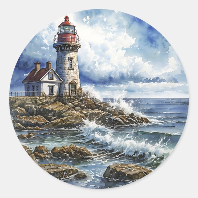 Charming Lighthouse with Waves Classic Round Sticker (Front)
