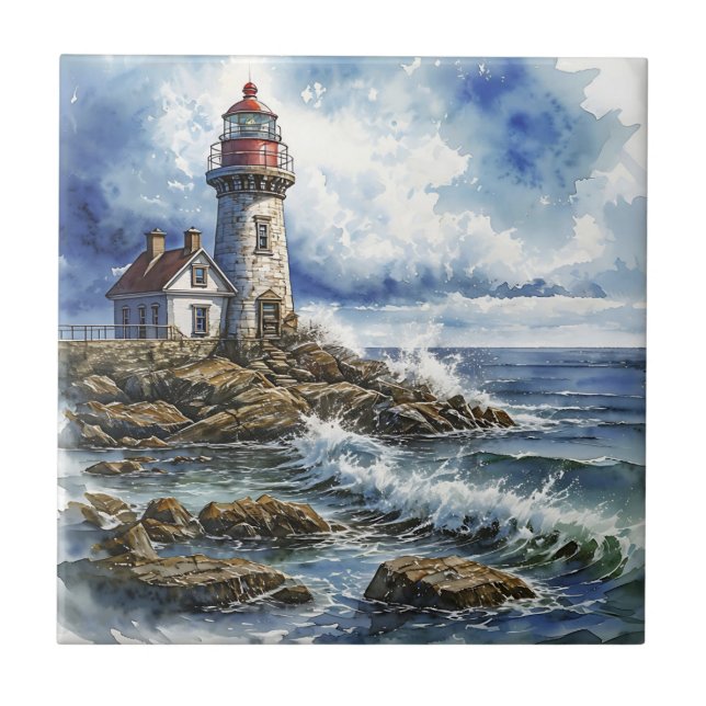 Charming Lighthouse with Waves Tile (Front)