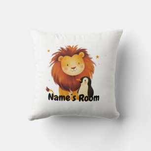 Charming Lion and Penguin Friends Kids Room Throw Pillow