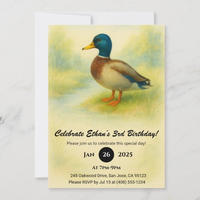 Charming Mallard Watercolor Illustration Birthday Invitation (Front)