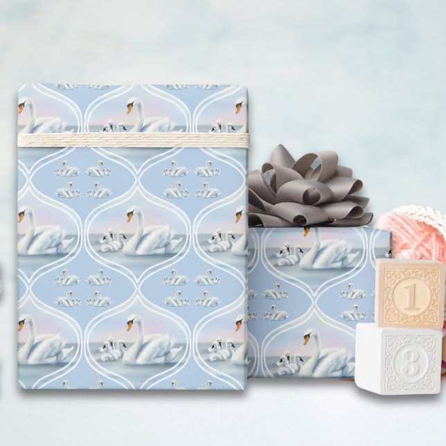 Charming Mama Swan With Babies in Peach Sunset Wrapping Paper (Creator Uploaded)