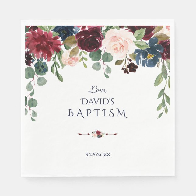Charming Merlot Navy Blue Floral Baptism Napkin (Front)