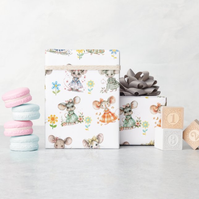 Charming Mice in Dresses -Delightful Floral Whimsy Wrapping Paper (Baby Shower)
