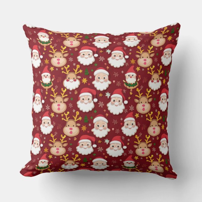 Charming Mini Santa and Reindeer Christmas Pattern Throw Pillow (Front)