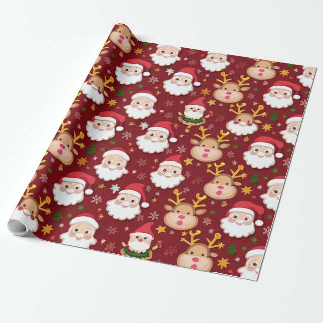 Charming Mini Santa and Reindeer Christmas Pattern Wrapping Paper (Unrolled)