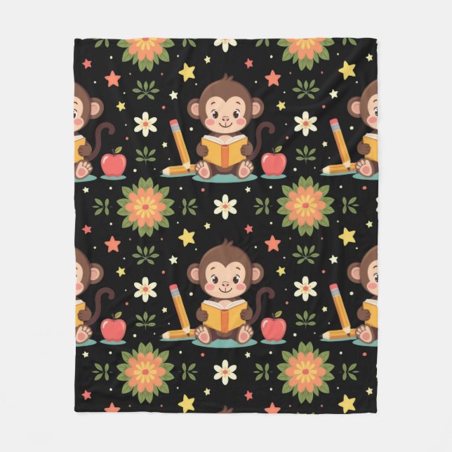 Charming monkey reading floral pattern  fleece blanket (Front)