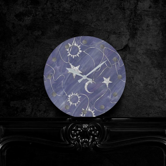Charming Mystique | Silver Moon Stars Sun Amulet Round Clock (Creator Uploaded)