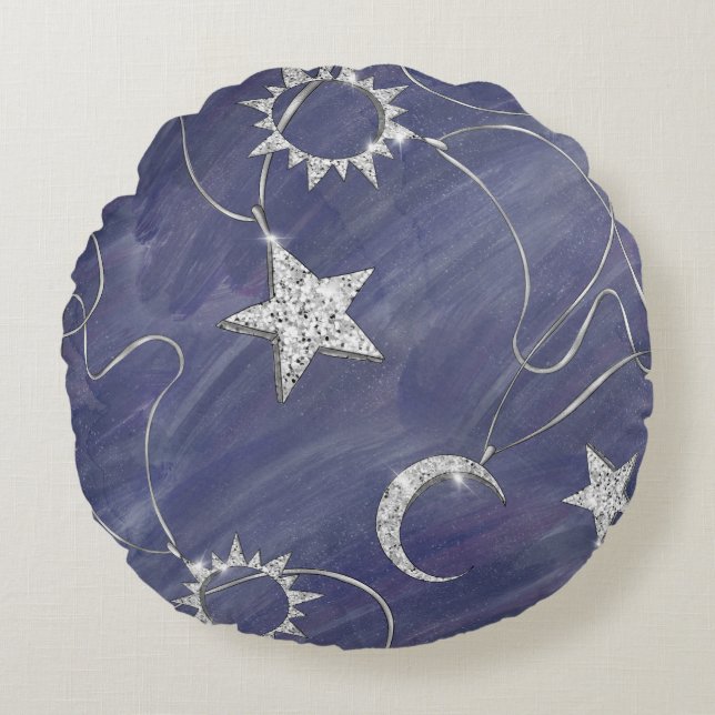 Charming Mystique | Silver Moon Stars Sun Amulet Round Pillow (Front)