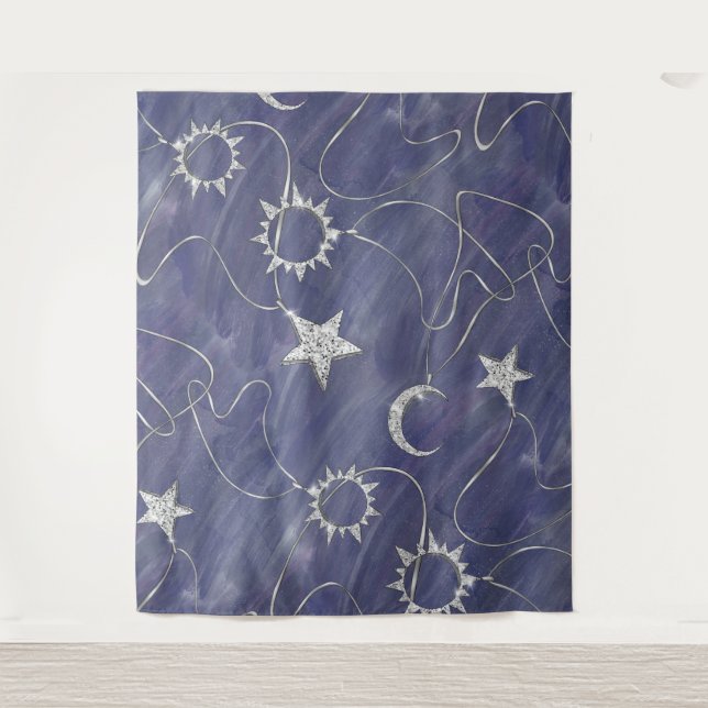 Charming Mystique | Silver Moon Stars Sun Amulet Tapestry (Front)