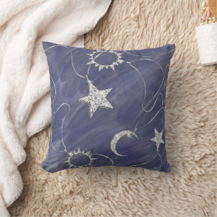 Charming Mystique Silver Moon Stars Sun Amulet Throw Pillow