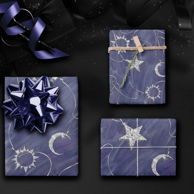 Charming Mystique | Silver Moon Stars Sun Amulet Wrapping Paper Sheet (Creator Uploaded)