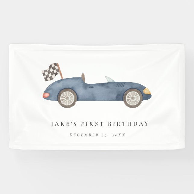 Charming Navy Blue Race Car Birthday  Banner (Horizontal)
