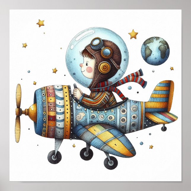 Charming Nursery Art Child Flying Old Airplane Poster (Front)