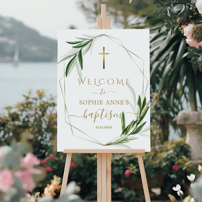 Charming Olive Leaves Gold Baptism Welcome Sign (Creator Uploaded)