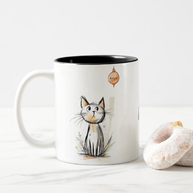 Charming Orange Cat in a Garden Illustration Two-Tone Coffee Mug (With Donut)