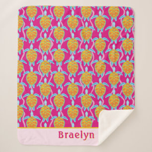 Charming Orange Pink Sea Turtle Art Sherpa Blanket