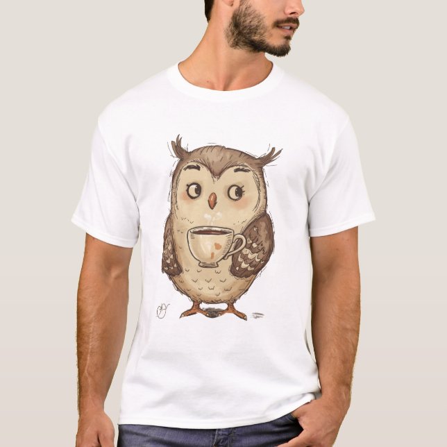 Charming Owl with Coffee Cup Illustration T-Shirt (Front)