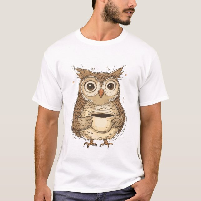 Charming Owl with Coffee Mug Illustration T-Shirt (Front)