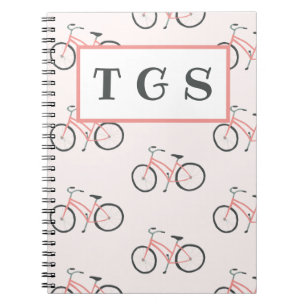 Charming pale pink bicycles monogram notebook
