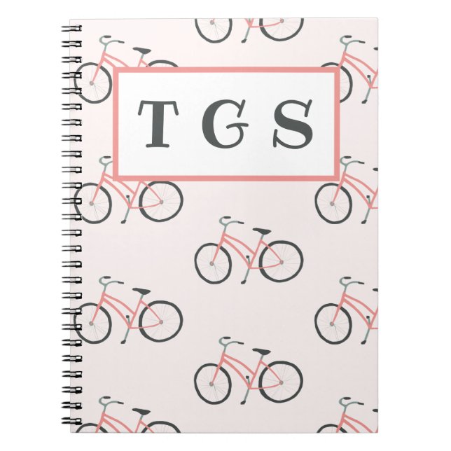 Charming pale pink bicycles monogram notebook (Front)
