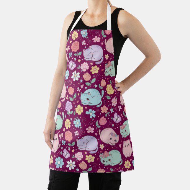 Charming Pastel Kawaii Cat and Floral Apron (Insitu)
