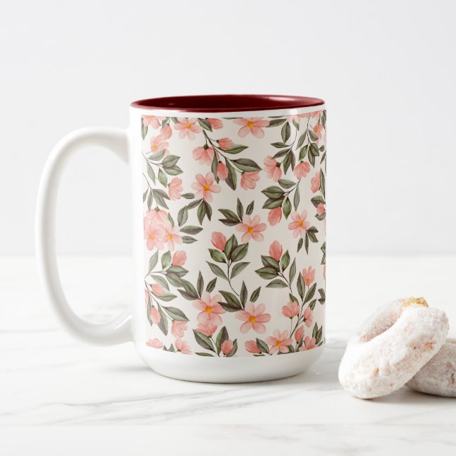 Charming Pastel Peach Floral Two-Tone Coffee Mug (With Donut)