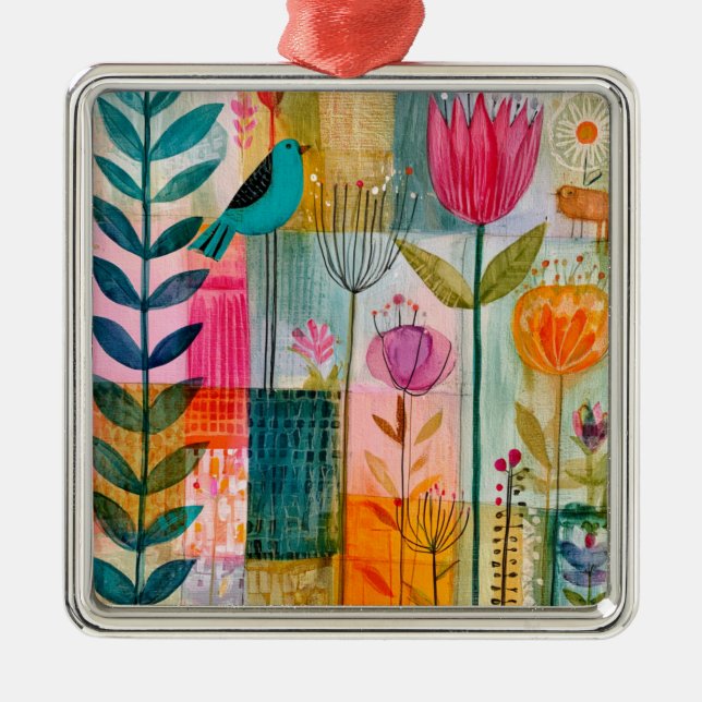 Charming Patchwork Bluebird Meadow Metal Ornament (Front)