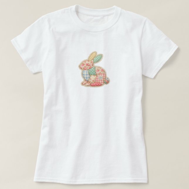 Charming Patchwork Bunny Illustration T-Shirt (Design Front)