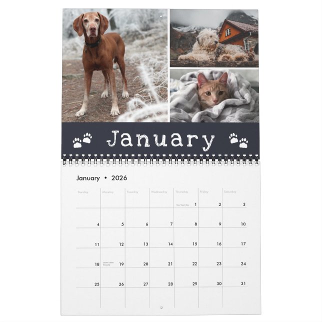 Charming Paw Prints Navy Months Pet Photo Collage Calendar (Jan 2026)