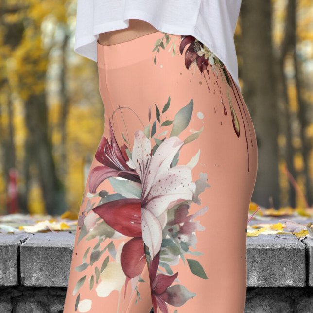 Charming Peach Pink Floral Bouquets Pattern Leggings (Bouquets on Peach)