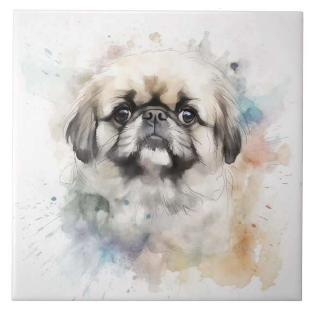 Charming Pekingese Watercolor Dog Portrait Tile (Front)