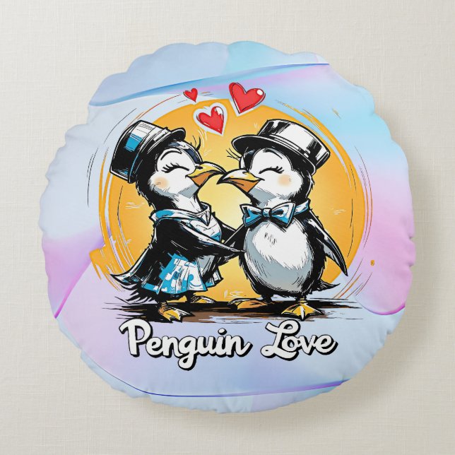 Charming Penguin Couple Round Pillow (Front)