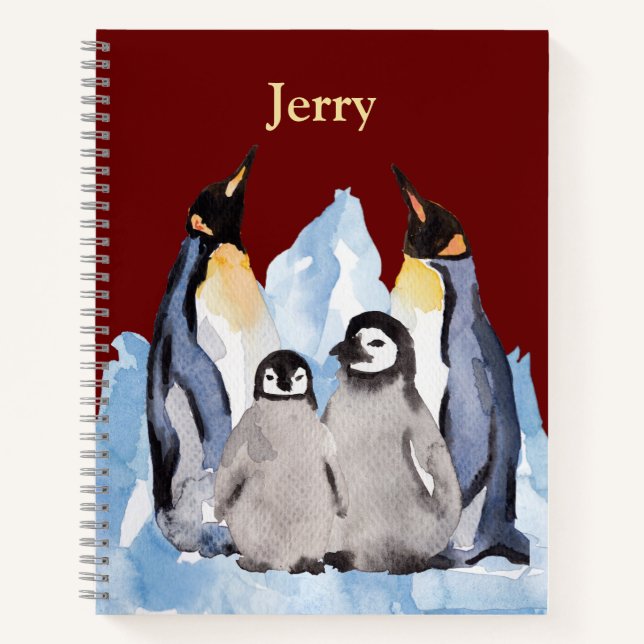 Charming Penguin Family with Name on Burgundy Note Notebook (Front)