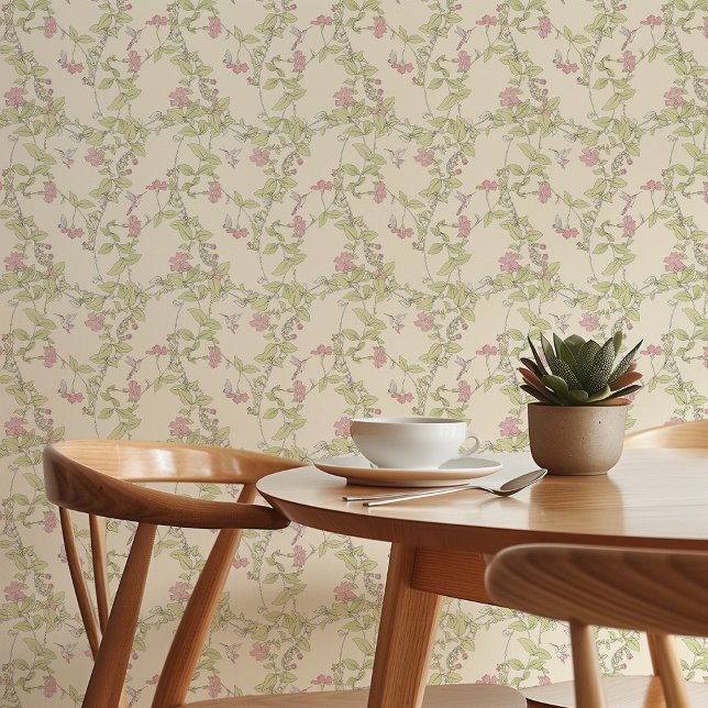 Charming Periwinkle & Hummingbirds Pink & Green Wallpaper (Creator Uploaded)