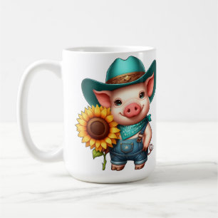 Charming Piglet in Cowboy Attire With Sunflower Coffee Mug