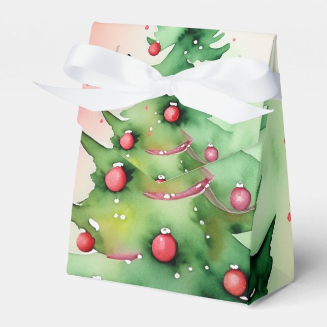 Charming Pine Tree & Red Ornaments Holiday Favor Box (Front Side)
