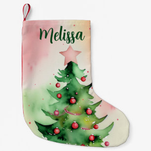 Charming Pine Tree & Red Ornaments Holiday Small Christmas Stocking