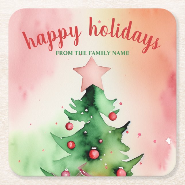 Charming Pine Tree & Red Ornaments Holiday Square Paper Coaster (Front)
