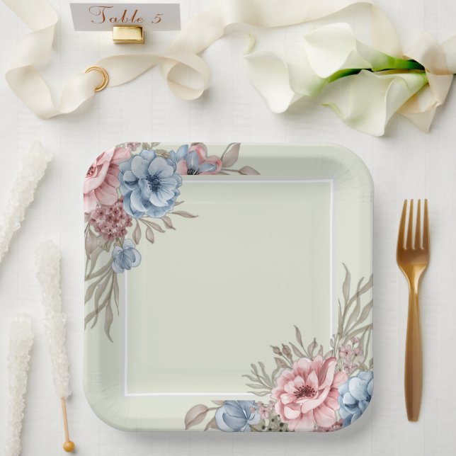 Charming Pink and Blue Floral Square Wedding Paper Plate (Wedding)