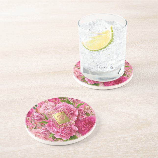 Charming Pink and Green Floral Monogram Sandstone  Coaster (Side)