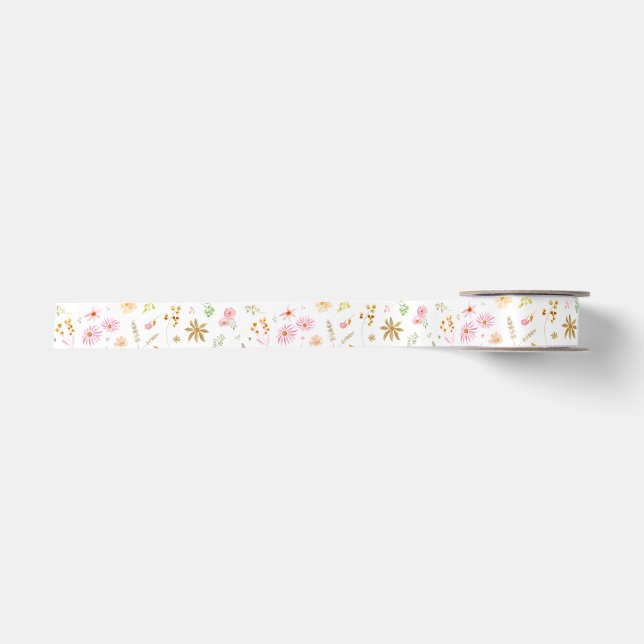 Charming Pink and Yellow Ochre Floral Satin Ribbon (Front)