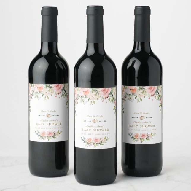 Charming Pink Blush Cream Flowers Baby Shower Wine Label (Bottles)