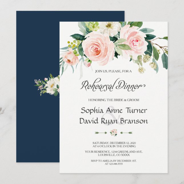 Charming Pink Blush Flowers Rehearsal Dinner Invitation (Front/Back)