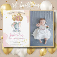 Charming Pink Elephant Photo First Birthday Girl