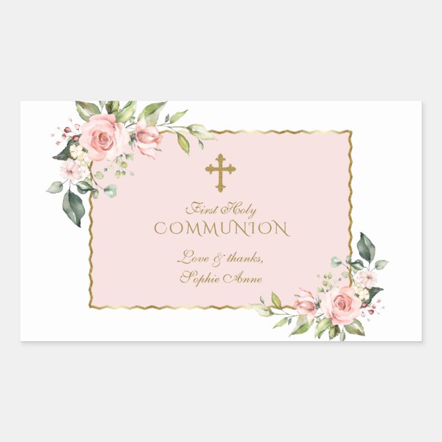Charming Pink Floral Gold First Holy Communion Sticker (Front)