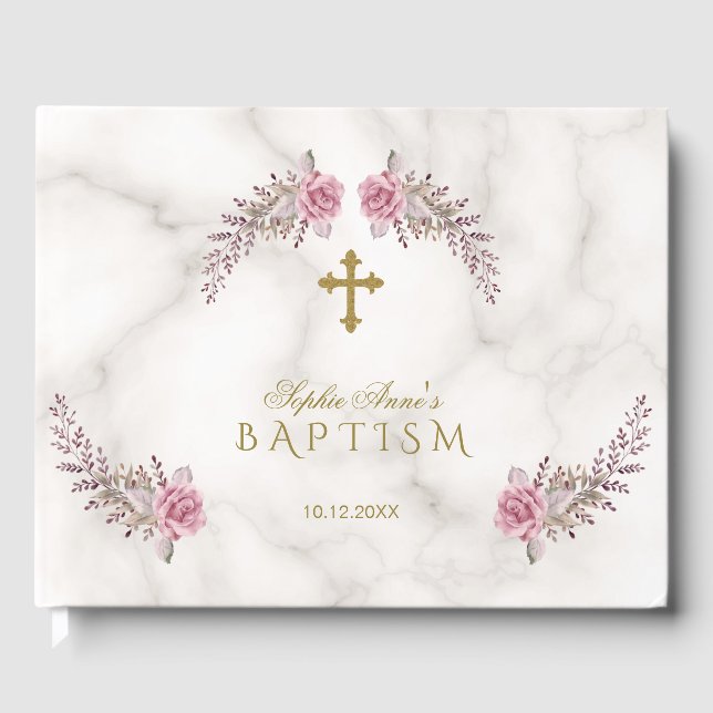 Charming Pink Floral Marble Girl Baptism Guest Book (Front)