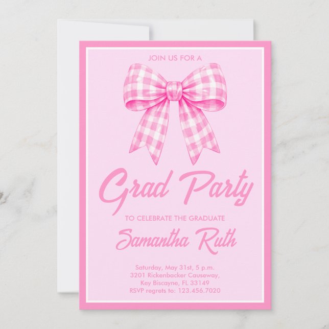 Charming Pink Gingham Bow Graduation Party Invitation (Front)