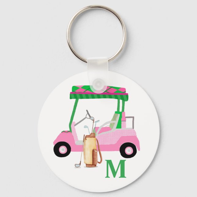 Charming Pink Golf Cart with Clubs and Monogram   Keychain (Front)
