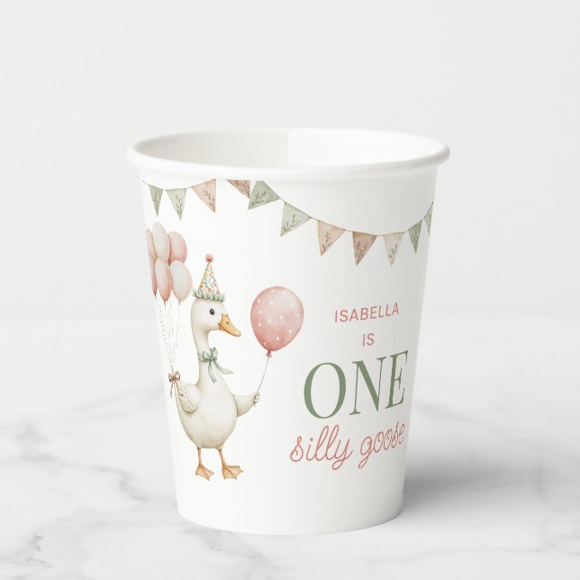 Charming Pink One Silly Goose 1st Birthday Party Paper Cups (Left)