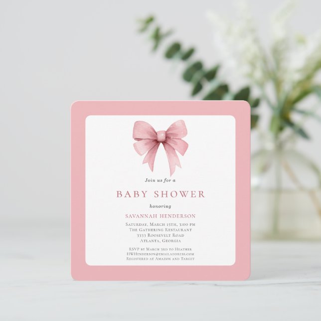 Charming Pink Ribbon Bow Girl Baby Shower Invitation (Standing Front)